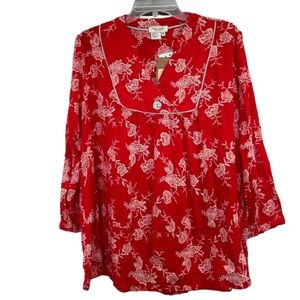 Tru Luxe Red Floral Embroidered Peasant Blouse Mother of Pearl Button Sz M  NWT